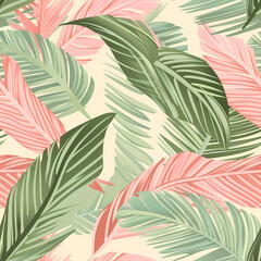 Coconut leaves background, abstract pastel pink and green tones, seamless pattern