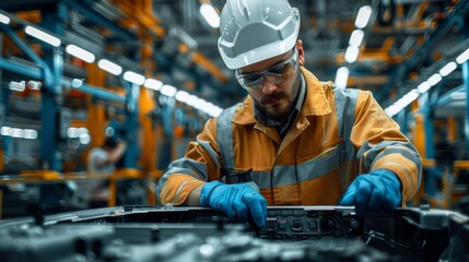 Poster - The worker is wearing protective glasses, while working on the battery of an electric car in a modern factory. The vehicle frame has been removed to show its black plastic battery. Generative AI.