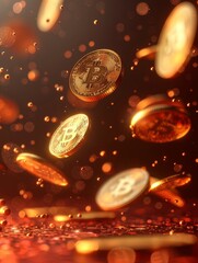 Aufkleber - Floating gold coins, Many gold, minimalist style, simple and clean light red background, bright lighting. Generative AI.