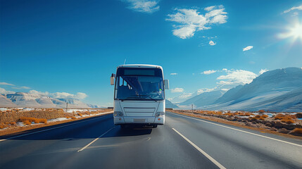 A tourist bus running on the road, blue sky. Generative AI.
