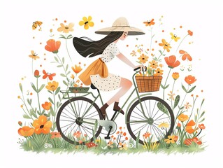 A cheerful character icon riding a bicycle with a basket of flowers, capturing the joy of summer, set against a white background.