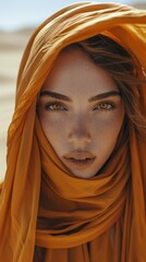 Wall Mural - A beautiful woman with golden eyes and smooth skin, wearing an orange scarf covering her head in the desert. Generative AI.