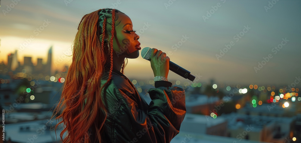 Female black rapper with long red hair holding a mic rapping on a ...