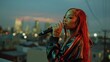 © visoot - Female black rapper with long red hair holding a mic rapping on a rooftop overlooking city. Generative AI.
