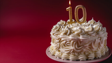 White birthday cake with number 10 candle on red background.