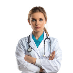 Wall Mural - A professional female doctor with a stethoscope around her neck, arms crossed, looking directly at the camera isolated on a transparent background