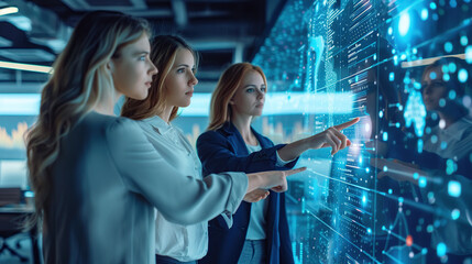 Sticker - A group of young women in casual business attire were pointing at an interactive digital wall displaying data and analytics