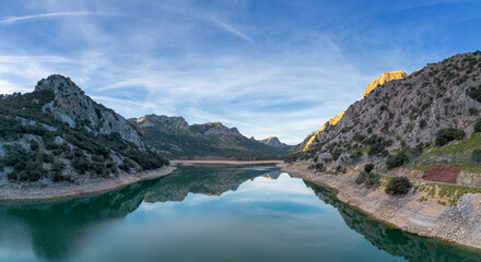 Poster - aerial view of the picturesque Gorg Blau mountain lake and reservoir in the Serra de Tramuntana mountains of northern Mallorca