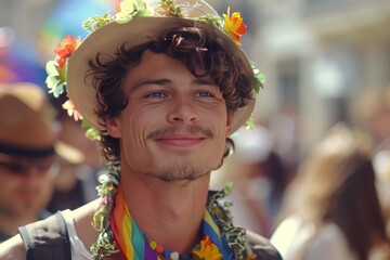 Wall Mural - Joyful young man at a Pride parade with flower crown and colorful accessories, capturing the festive spirit and vibrant energy of the celebration.