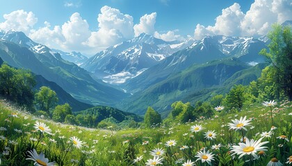 Sticker - Natural morning landscape with beautiful spring and summer mountain scenery and a clearing of daisies in the foreground, scenic mountain view, wildflower meadow, springtime nature.