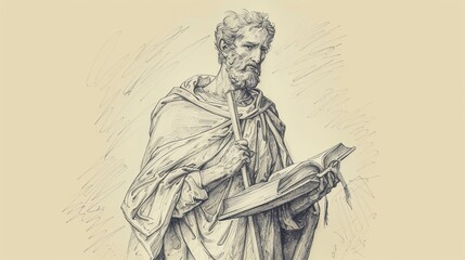 Apostle Matthias with Book and Cross - Symbolizing Apostolic Mission - Biblical Illustration on Beige Background - Copyspace