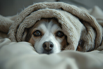 A scared dog hiding under a blanket for comfort and safety.