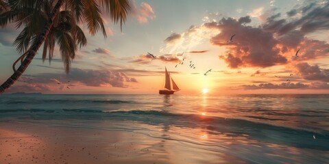 Wall Mural - A beautiful sunset on a remote island. The photographer is on the island facing the sea. The beach is tranquil and there's a sailboat close to the horizon, seagulls flying in the sky