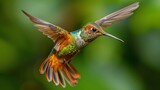 A close-up of a vibrant hummingbird mid-flight, wings blurred, with iridescent feathers catching the light