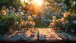© 柳迪 付 - Springtime Beauty: Wooden Table in Garden with Lush Green Foliage and Flowering Branches Under Sunlight