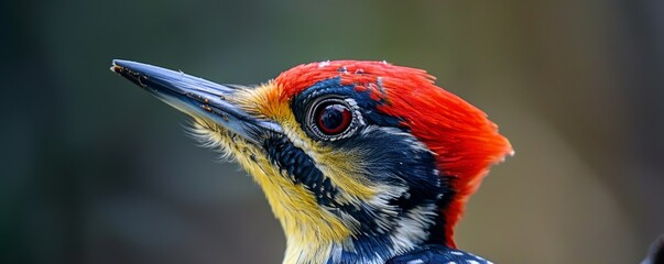A macro photograph of a woodpecker's beak and head, showcasing its unique feather patterns and vibrant colors