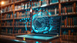 © 沈军 贡 - A laptop with an AI digital sphere hologram on the screen, displaying code and data streams in front of shelves filled with books in a library background