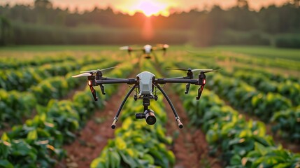 Wall Mural - A smart agriculture system with drones monitoring crop health. Generative AI.