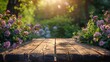 © 柳迪 付 - Springtime Beauty: Wooden Table in Garden with Lush Green Foliage and Flowering Branches Under Sunlight