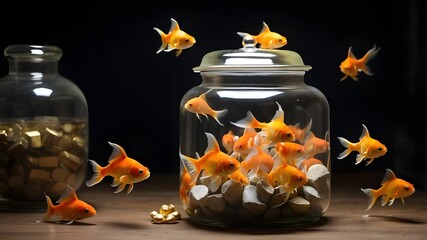 goldfish in a glass, aquarium with goldfish, goldfish in aquarium