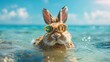 © WrongWay - Cute funny rabbit wearing sunglasses and floating in a ocean. Happy pet swim in ocean or sea, play in the water