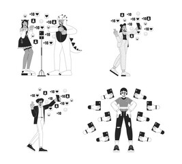 Poster - Viral influencers on social media black and white 2D illustration concept set. Multicultural vloggers cartoon outline characters isolated on white. Popularity metaphor monochrome vector art collection