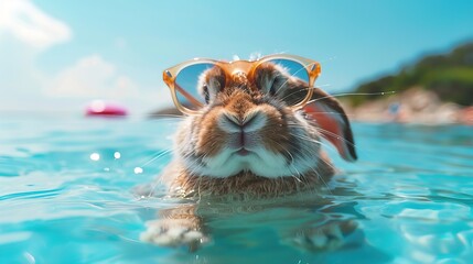 Wall Mural - Cute funny rabbit wearing sunglasses and floating in a ocean. Happy pet swim in ocean or sea, play in the water