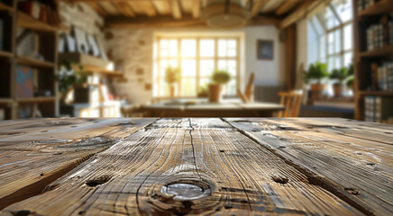 Aufkleber - A rustic wooden table surface at the bottom of the frame with a blurred out-of-focus background of a rural home office, with wooden beams. Generative AI.