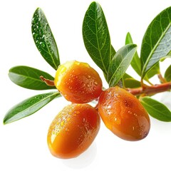 Wall Mural - Fresh Dewy Orange Berries, Vibrant Green Leaves, Close-Up Berries, Water Droplets on Fruit, Natural Organic Produce, Food Photography