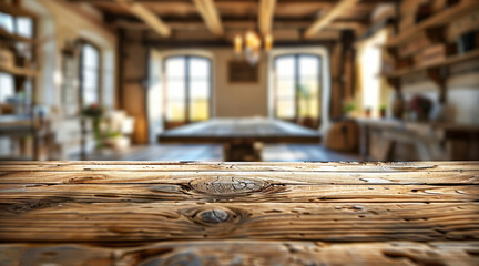Aufkleber - A rustic wooden table surface at the bottom of the frame with a blurred out-of-focus background of a rural home office, with wooden beams. Generative AI.