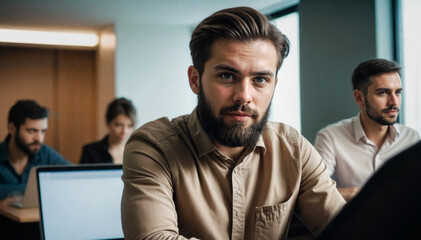 A young man listens carefully to young entrepreneurs listening to a presentation in a meeting in the office with members team,  group, business manager, wide banner.