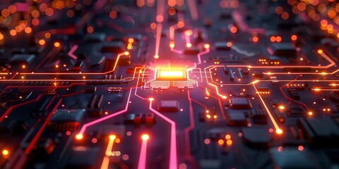 Poster - abstract illustration of colorful neon circuit with glowing orange lamp on black surface