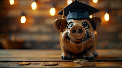 Graduationthemed piggy bank, detailed, realistic, wooden background, soft warm lighting 8K , high-resolution, ultra HD,up32K HD