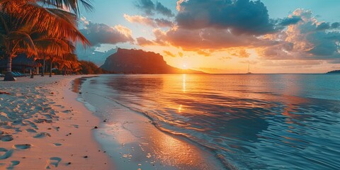 Wall Mural - Tourism background with Fantastic Sunrise Beach in Mauritius. Dream Honeymoon Destination.