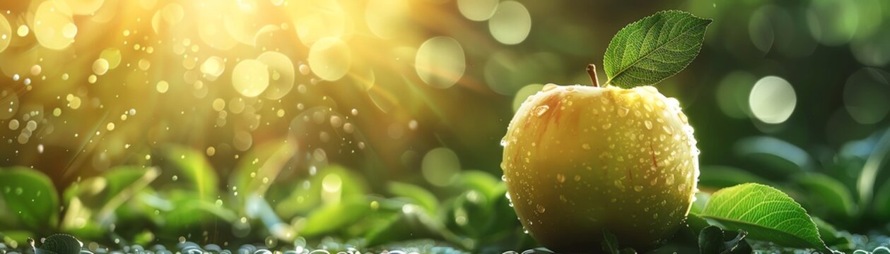 Close-up of a fresh dewy apple on a leafy surface with sun rays and bokeh in the background, capturing the essence of nature and freshness.