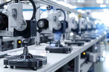 Poster - 3D printers working on assembly line in manufacturing plant. Automation and manufacturing industry concept. Modern technology and innovation. Industrial high tech equipment