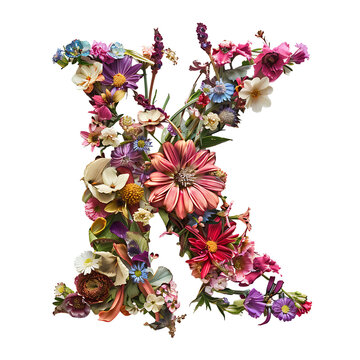 Elegant shot of text Letters K crafted in flowers on a clean, isolated on transparent background	