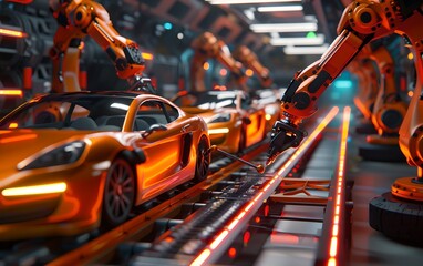 Poster - robotic arms assembling cars on assembly line. automation and manufacturing industry concept. modern