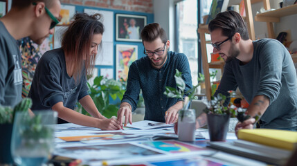 Wall Mural - A group of people are sitting around a table with a lot of papers and plants