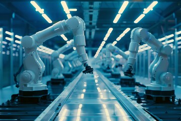 Poster - Robotic arms in an automated manufacturing plant. Automation and manufacturing industry concept. Modern technology and innovation. Industrial high tech manipulators on assembly line