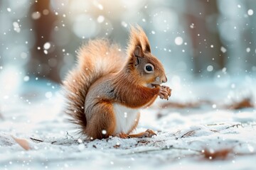 Poster - red squirrel eating nuts in snow