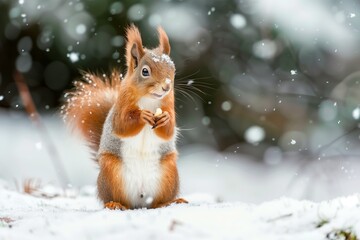 Wall Mural - red squirrel eating nuts in snow