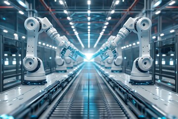 Wall Mural - Robotic arms in an automated manufacturing plant. Automation and manufacturing industry concept. Modern technology and innovation. Industrial high tech manipulators on assembly line
