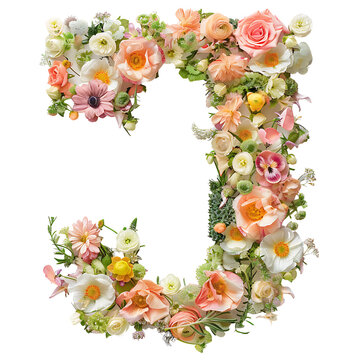 Elegant shot of text Letters J crafted in flowers on a clean, isolated on transparent background	