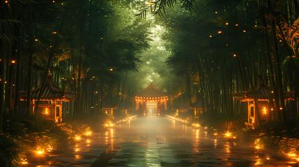 3D sunset bamboo forest view