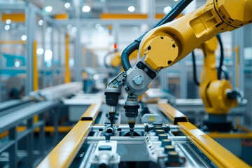 Poster - Robotic arm working on assembly line in manufacturing plant. Automation and manufacturing industry concept. Modern technology and innovation. Industrial high tech manipulator