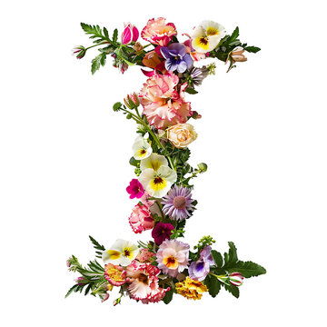 Elegant shot of text Letters I crafted in flowers on a clean, isolated on transparent background	