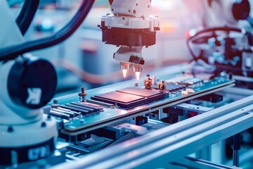 Poster - Close-up of robotic arm operating in electronics factory. Manufacturing industry concept. Modern technology and innovation. Industrial manipulator. Component installation on circuit board, CPU