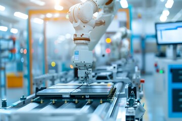 Poster - Close-up of robotic arm operating in electronics factory. Manufacturing industry concept. Modern technology and innovation. Industrial manipulator. Component installation on circuit board, CPU