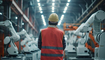 Poster - Engineer inspecting robotic arms in a manufacturing plant. Automation and manufacturing industry concept. Modern technology and innovation. Industrial high tech manipulators